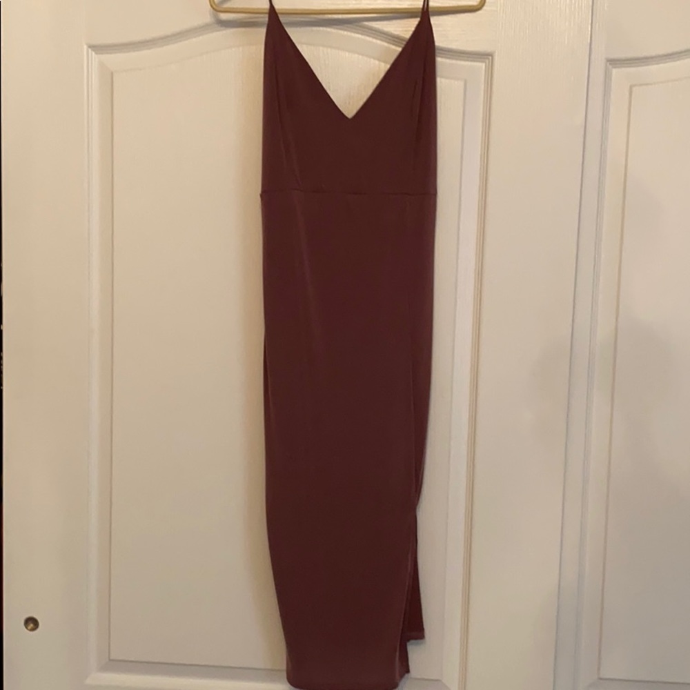 Light purple, v-neck, slit on bottom side